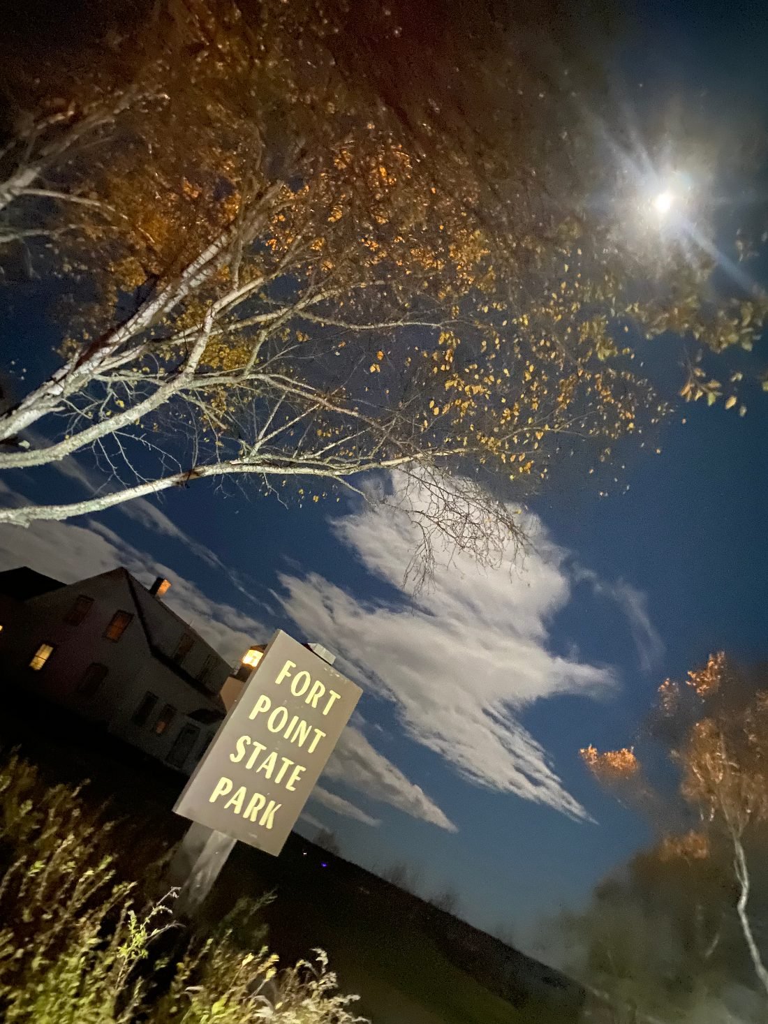 Fort Point State Park entrance sign under the Super Hunter Moon